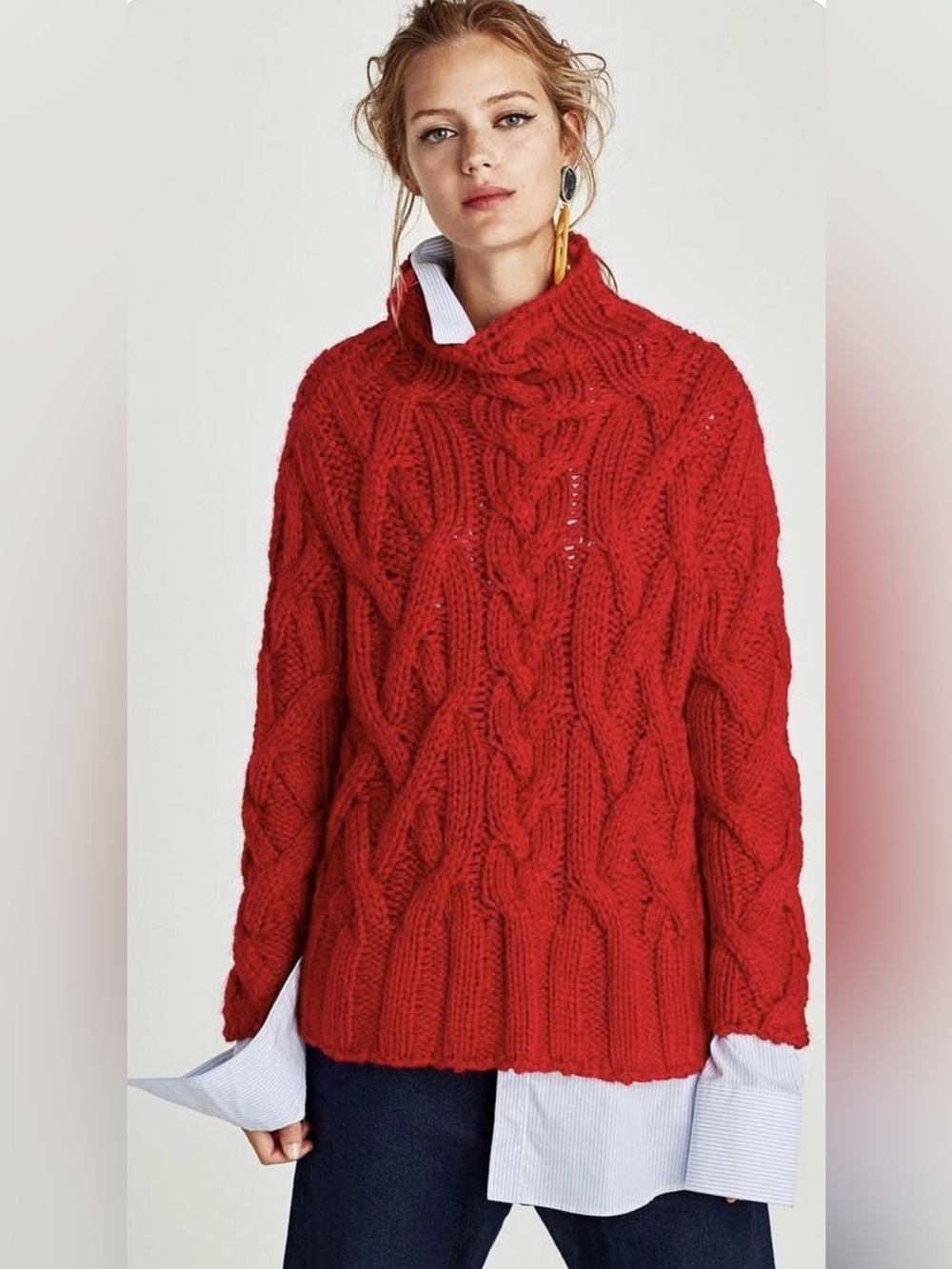 Zara Red Cable-Knit Turtleneck Sweater NWT